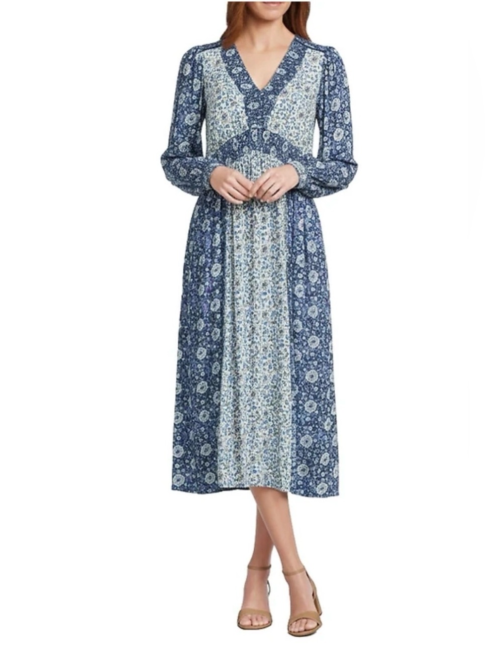 Nurture Floral Long Sleeve V Neck Crinkle Woven Midi Dress